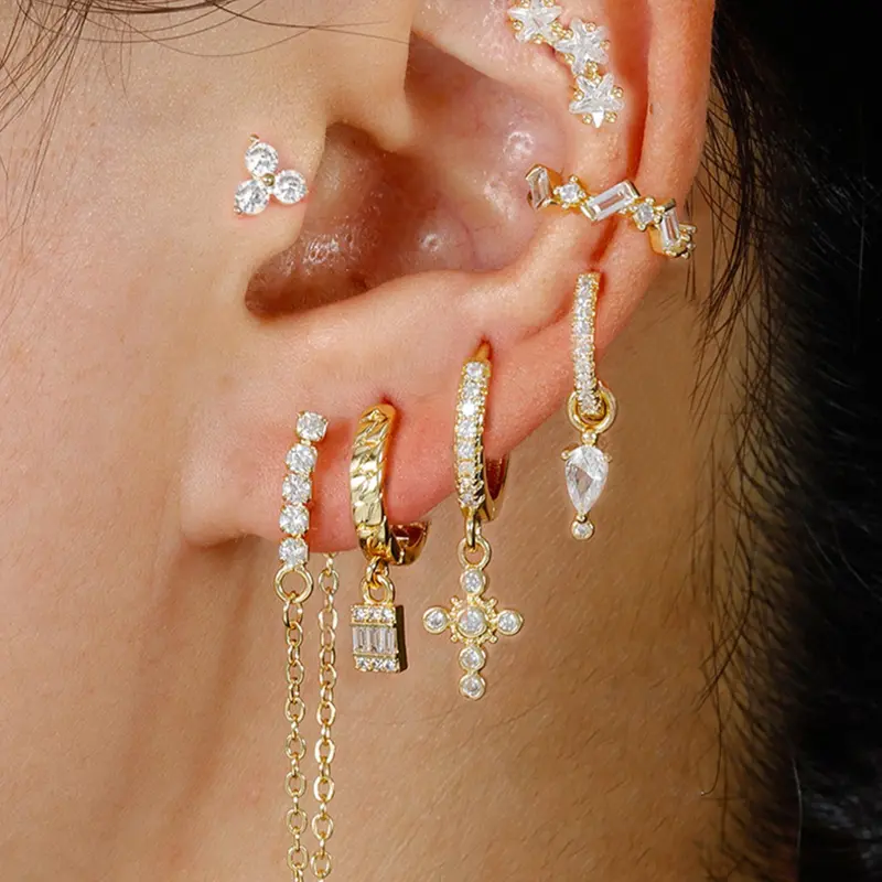 Elegant Copper Zirconia Earrings Set, 7-Piece Fashionable Jewelry Collection, Perfect Gift for Parties & Daily Wear