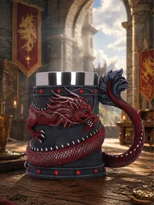 The Armored Kingdom Crimson Red Wrapped Dragon 16oz Insulated Travel Mug Medieval Craftsmanship Stainless Steel Drinkware Reusable Tumbler for Dragon Enthusiasts Stylish Coffee Mugs Stylish Coffee Mugs