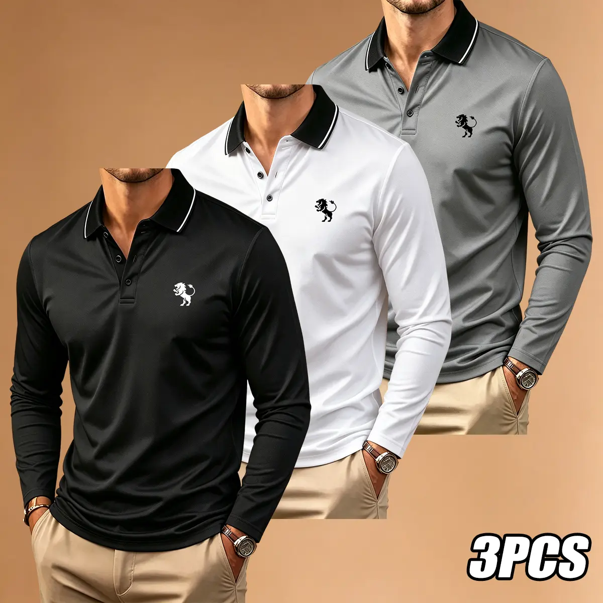 Men’s printed long-sleeve polo shirt set, 3 pieces; lightweight men’s pullover base layer for early autumn and all seasons; single-wear button-front polo with a contrasting collar design; suitable for casual sports, golf, and business/office wear.