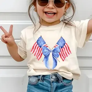 America Flags And Bows Youth T-Shirt – Coquette 4th of July Tee for Girls, Cute Country Style Summer Shirt, Patriotic Independence Day Outfit for Boys and Girls