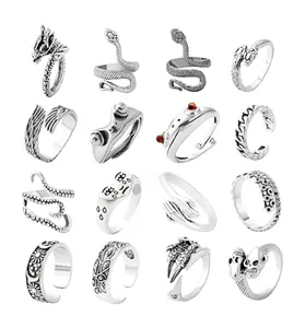 Silver Rings Set with Frog, Snake, and Skull Design for Men and Women - 16 PCS