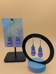 3D Printed Flexi Eggplant Dangle Earrings | Smiley Face | Hypoallergenic Cute Vegetable Jewelry