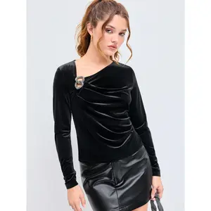 Cider [size 2-10] Velvet Asymmetrical Neck Buckle Long Sleeve Top