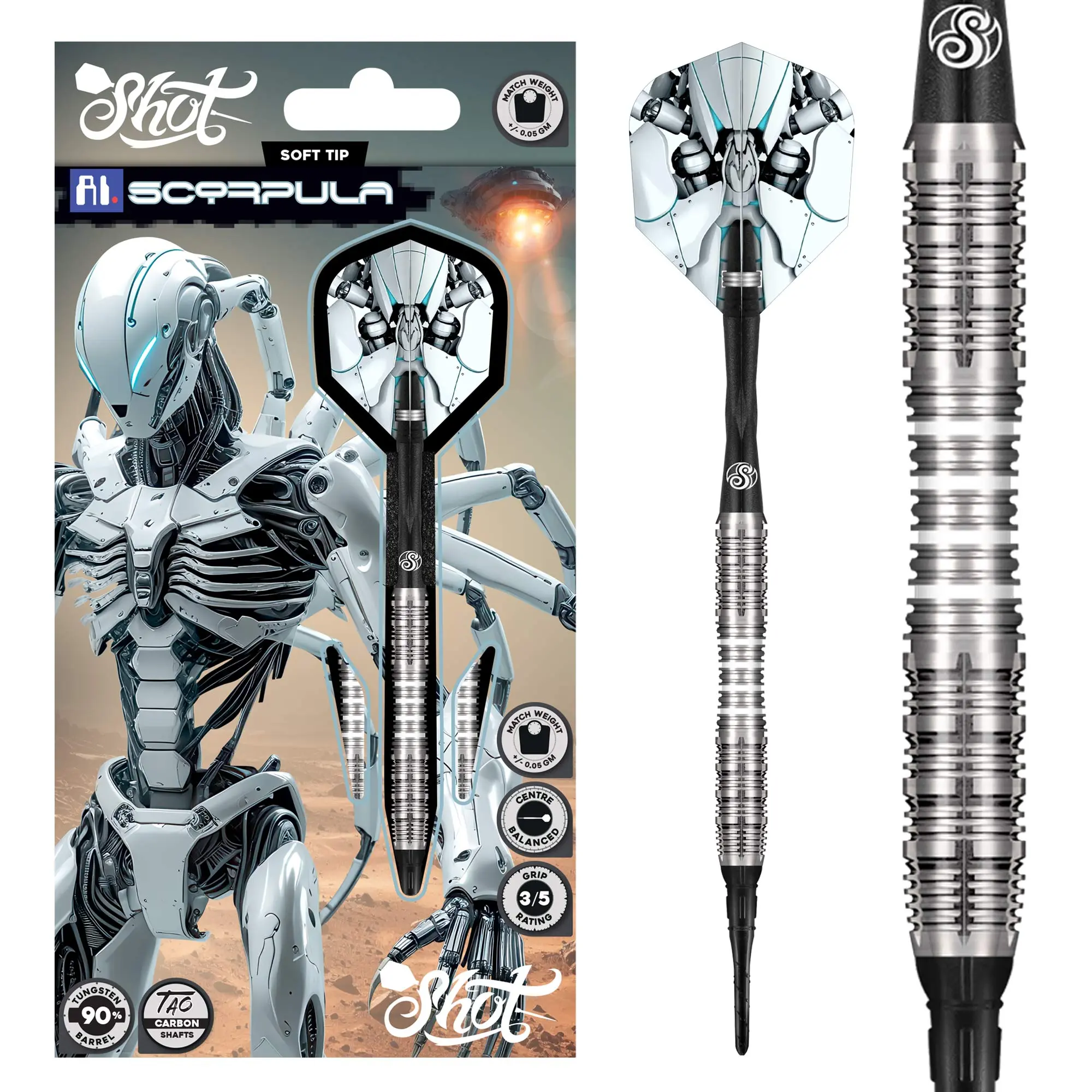Shot Darts AI Scorpula Soft Tip Dart Set-90% Tungsten Barrels-20gm
