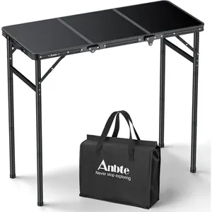 Anbte 3ft Tri-fold Camping Table Max 29.5", 3 Adjustable Heights Aluminum Folding Camping Table with Storage Bag, Lightweight, Portable Handle for Travel Outdoor Beach Picnic, 35" x 16", Black