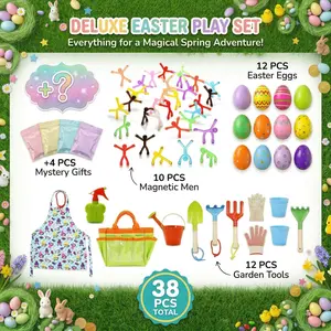 EFFUN Easter Egg Hunt Toy Set for Kids, Garden Tool Kit + 10 Magnetic Men + 12 Easter Eggs + 4 Surprise Egg Fillers, Non-Candy Easter Basket Stuffers Outdoor Play