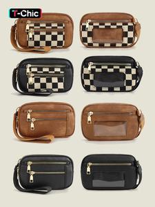 women's solid color & checkerboard pattern zipper wristlet, fashionable pu leather wristlet for daily used, casual versatile mini coin purse for women & men