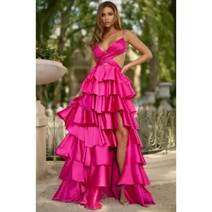SHERRI HILL 57009 Summer Satin A-line Gown with Cut Outs Ruffle Skirt Slit & Open Back Hot Pink Dress