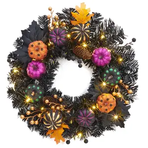 Garvee 20 Inch Halloween Wreaths for Front Door, Prelit Jack-o-Lantern Pumpkin Wreath with 20 LED Lights Timer Black Leaves Halloween Decorations for Indoor Wall Window Party Decor