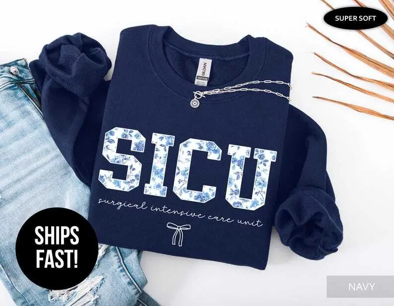 SICU Nurse T-Shirt Or Sweatshirt : Boho Floral Blue Toile Surgical Intensive Care Gift, Surgical ICU Shirt, Medical Apparel Clothes Cute