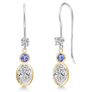 Gem Stone King 14K Two Tone Gold Lab Grown Diamond and Blue Tanzanite Dangle Earrings for Women | 1.84 Cttw | Gemstone April Birthstone | Oval 7X5MM