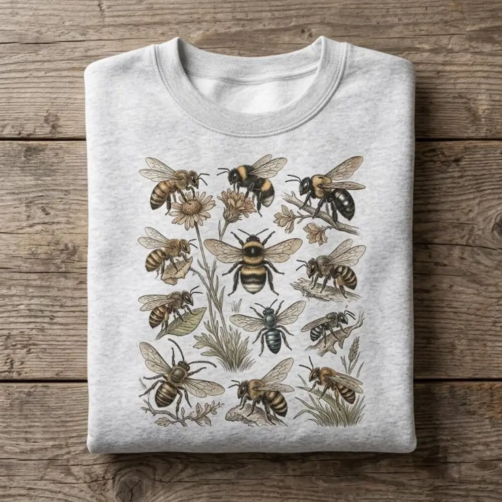 Vintage Bee Graphic Crewneck Sweatshirt, Unisex Botanical Digital Print Pullover, Casual Cotton-Polyester Gift for Nature Lovers, Fitted, Crew Neck, All Seasons, Cold Wash, Do Not Dry Clean, Long Sleeve, Hand Wash Only, Pull On