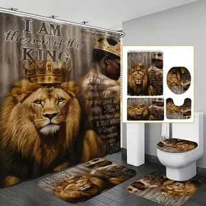 Gold Lion Faith Shower Curtain Set, American Style Bathroom Soft Decor, Anti-Slip Wear-Resistant Mat Combination, Easy Clean Waterproof