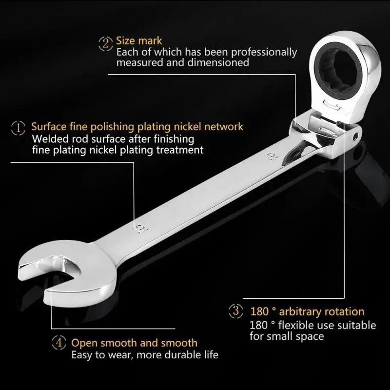1pc 10mm Combination Ratchet Wrench, Ratcheting Wrench, Dual Purpose, Flexible Head, Adjustable Height, Foldable, Polished Metal, with No Assembly Required, for Automotive, Drafting, Dining, Home Decor, Drywall, and Fixture