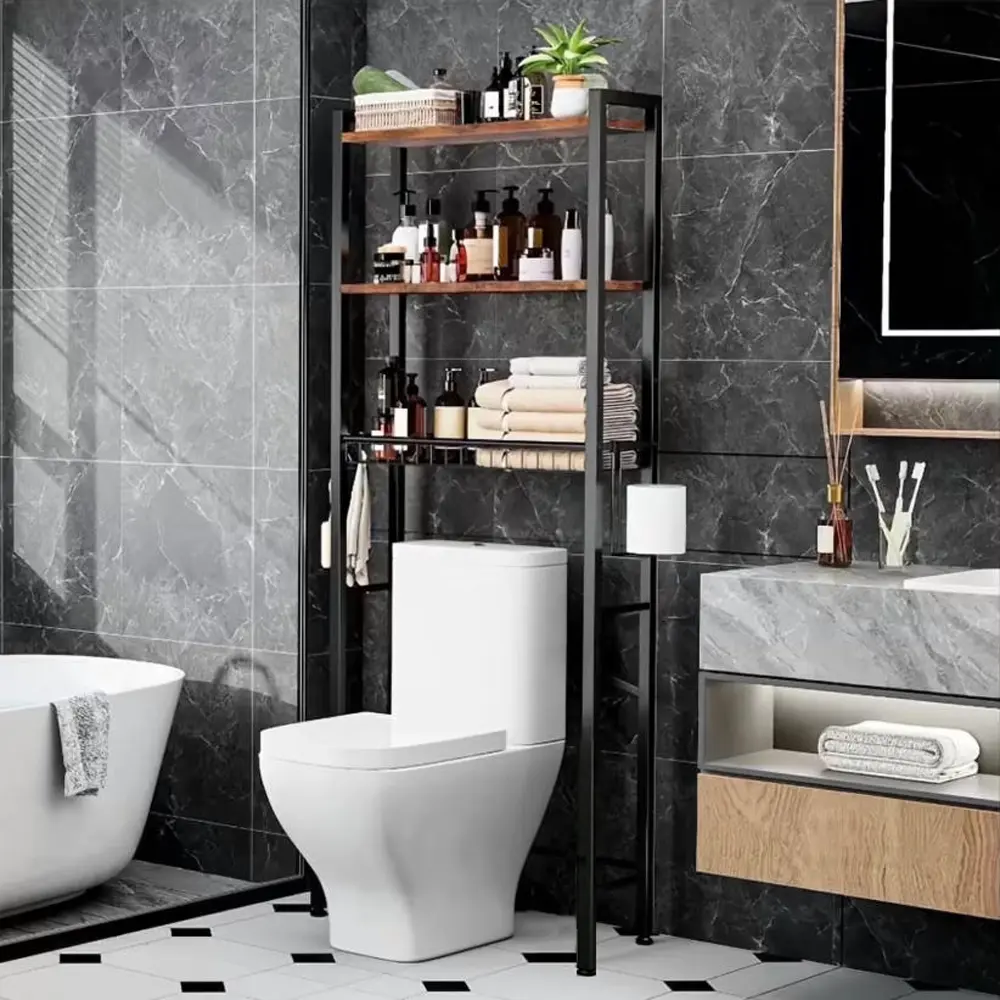 Metal 3-Tier Adjustable Over-The-Toilet Storage Rack - Bathroom Organizer Shelf with Paper Holder, 3 Hooks, Organizing Accessory to Organize Bathroom & Maximize Space