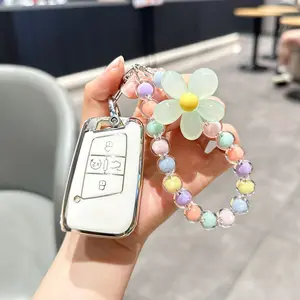 For Volkswagen Key Fob Cover with Keychain, Soft TPU Car Key Shell Case Holder for Atlas Golf Alltrack Taos Jetta Passat Arteon Tiguan Smart 4 Button Remote Accessories