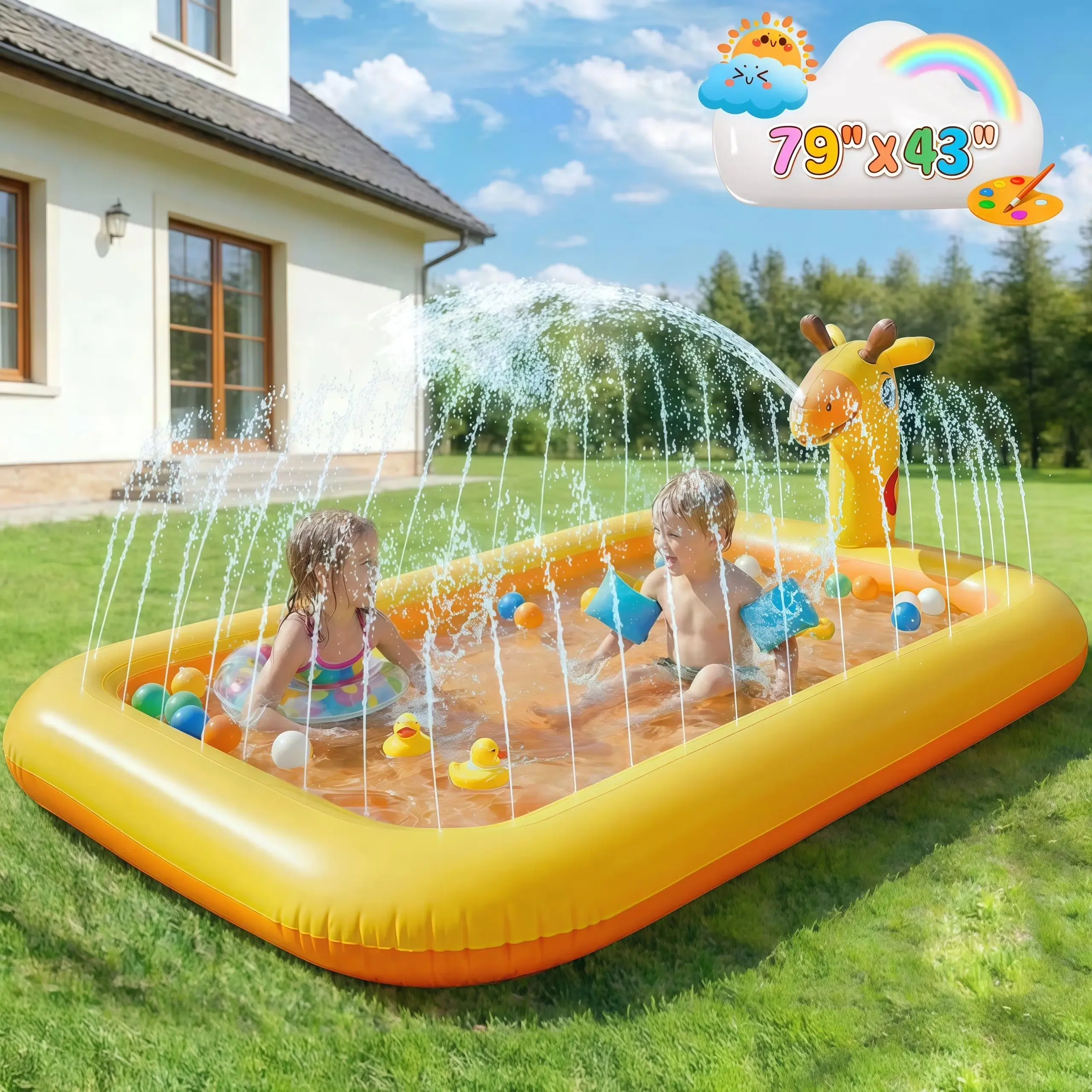Giraffe Inflatable Pool, 78.74"x 43.3" x 5.9" Sprinkler Swimming Pool, Spray Kiddie Pool, Play Center Water Toys for Backyard Lawn, Above Ground, Outdoor