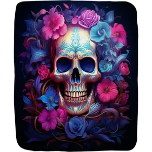 SoftHaven Sugar Skull Blanket Retro Spooky Halloween Watercolor Skeleton Blue Pink Flowers Throw Blanket for Couch Fuzzy Personalized Soft Fleece Flannel Blanket for Adults (60" x 80")
