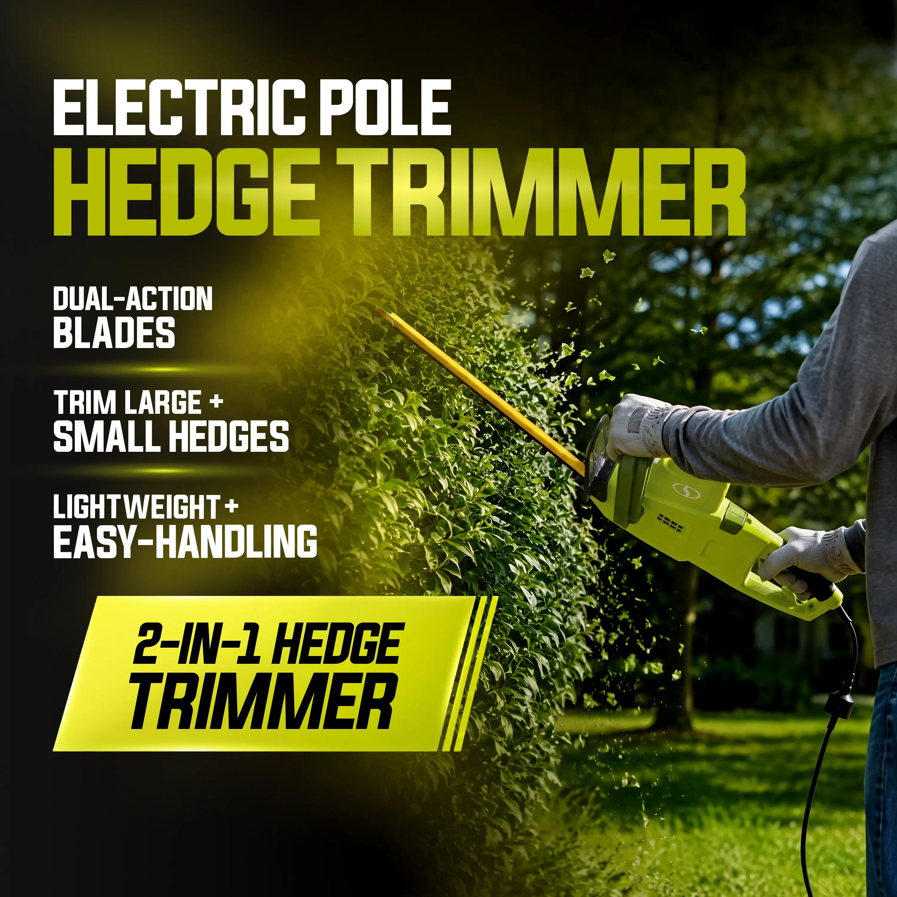 Sun Joe SJH904E Multi-Angle Telescoping Convertible Electric Pole Hedge Trimmer, 19-in Steel Blades, 4.5-Amp Motor, Safety Switch for Trimming Bushes Shrubs