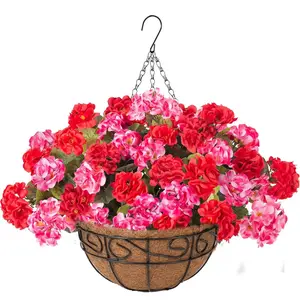 Geraniums Artificial Flowers Hanging Basket for Outdoors Outside Spring Decoration, 8 Bundles Silk Flowers Fake Plants Look Real UV Resistant for Porch Home Patio Balcony Yard, Artificial Flower Arrangements, Red Pink