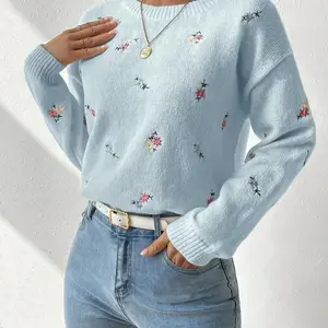 Women's Floral Embroidery Drop Shoulder Sweater?Pullover, Casual Long Sleeve Round Neck Jumper for Fall & Winter, Ladies' Knitwear for Daily Wear