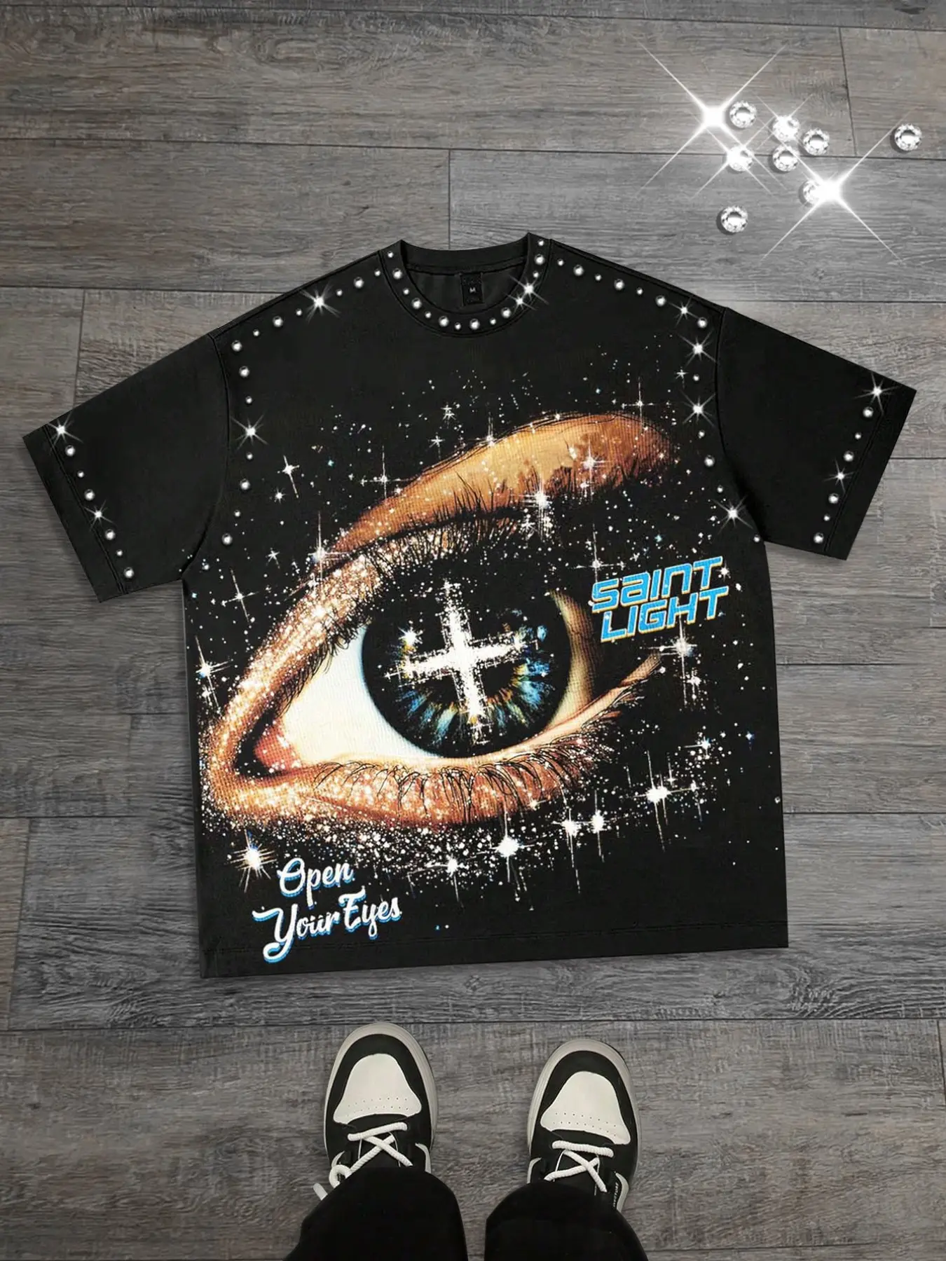 Diamond cotton short sleeved men's and women's t-shirts with eye prints, men's aesthetic geometric pattern shirts, men's casual European and American streetwear street fashion brand short sleeved shirts with eye prints, Menswear