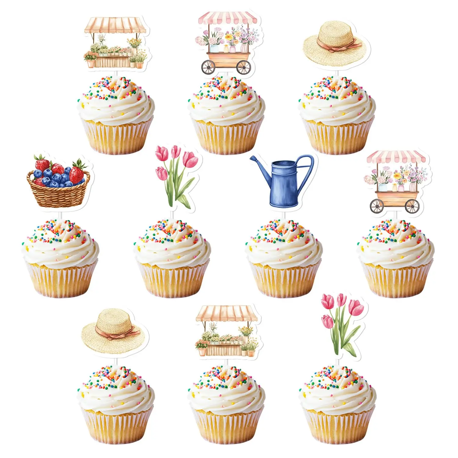 1Set Farmers Market Bridal Shower Decoration 36Pcs Shes Fresh off the Market Cupcake Toppers Vegetables Fruit Flower Market Cupcake Topper DoubleSided for Women off the Market Bachelorette Wedding Decor