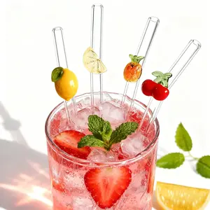 Reusable Glass Straws Set of 4, Lemon Cherry Pineapple Design, 8x200mm Bent Straws with Cleaning Brush, Ideal for Smoothies Milk Tea Coffee, Home Bar Accessories