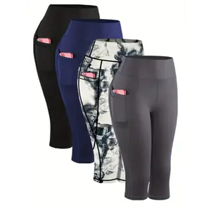 4pcs Plus-Size Women's Capri Yoga Leggings - High-Waist, Stretchy Compression Fitness Pants with Side Pockets, Breathable Knit Fabric in Black, Navy Blue, Gray, Maroon, Athletic Wear | Stylish Activewear | Sleek Texture