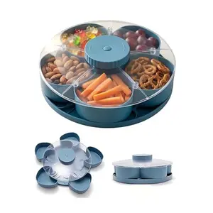 Rotatable Divided Serving Tray, Ideal for Snacks, Dips, Party Appetizers, with Lid, Lazy Susan Organizer, for Kitchen, Travel, Picnic