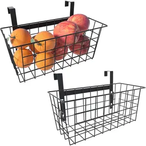 Grid Storage Basket with Hook, Over the Cabinet Door Organizer, Wire Hanging Basket for Over Railing, Under Sink, Suitable for Kitchen Cabinet Pantry Bathroom, Black, 2 Pack