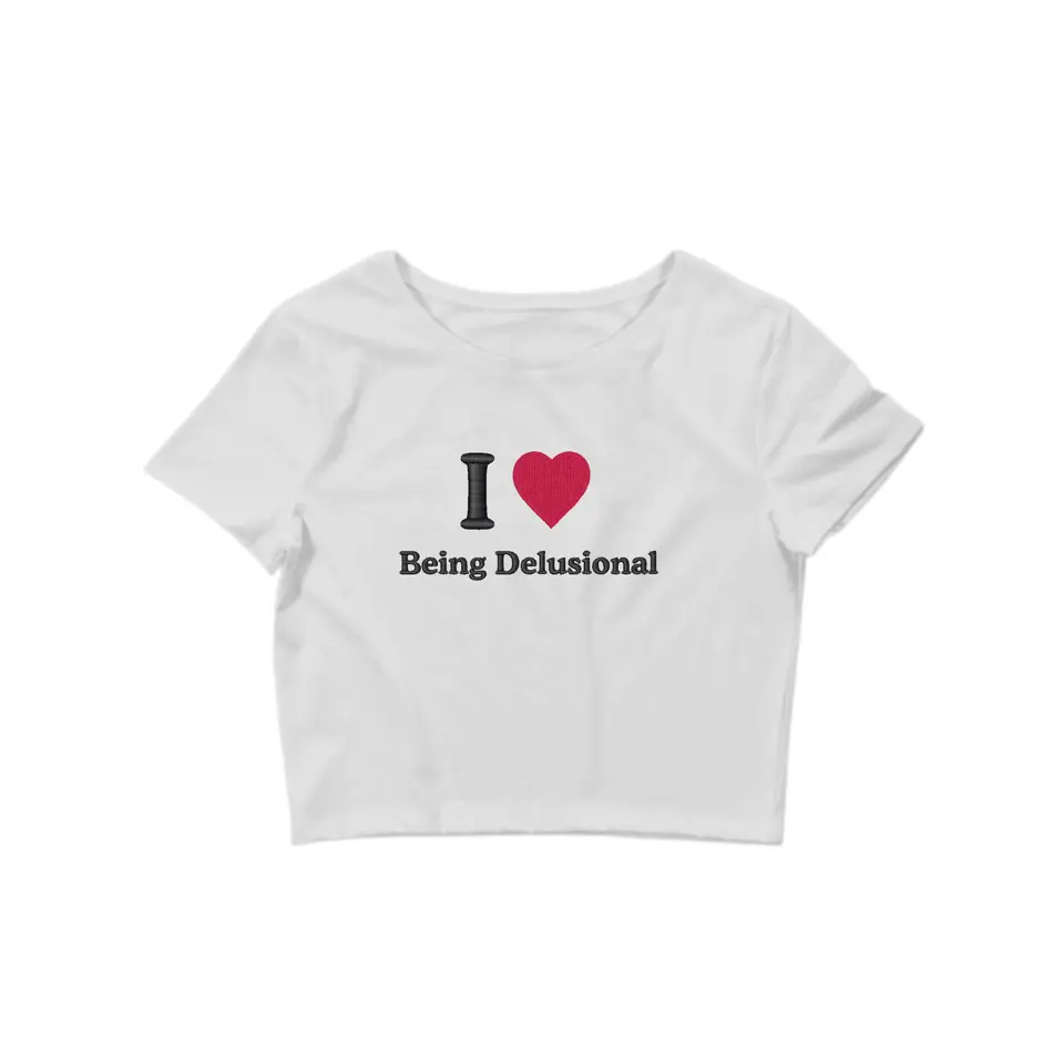 Embroidered ‘I Heart being delusional’ Cropped, Short Sleeve, Petite fit, Adult, Female, T-Shirt