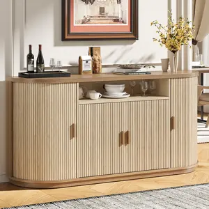 【CategorySelect】ONBRILL 63" Sideboard Buffet Cabinet with Storage, Modern Fluted Accent Credenza with Sliding Doors, Drawers and Adjustable Shelves, Wood Coffee Bar Console Table, Kitchen Furniture, Living Room Furniture, Entryway Furniture
