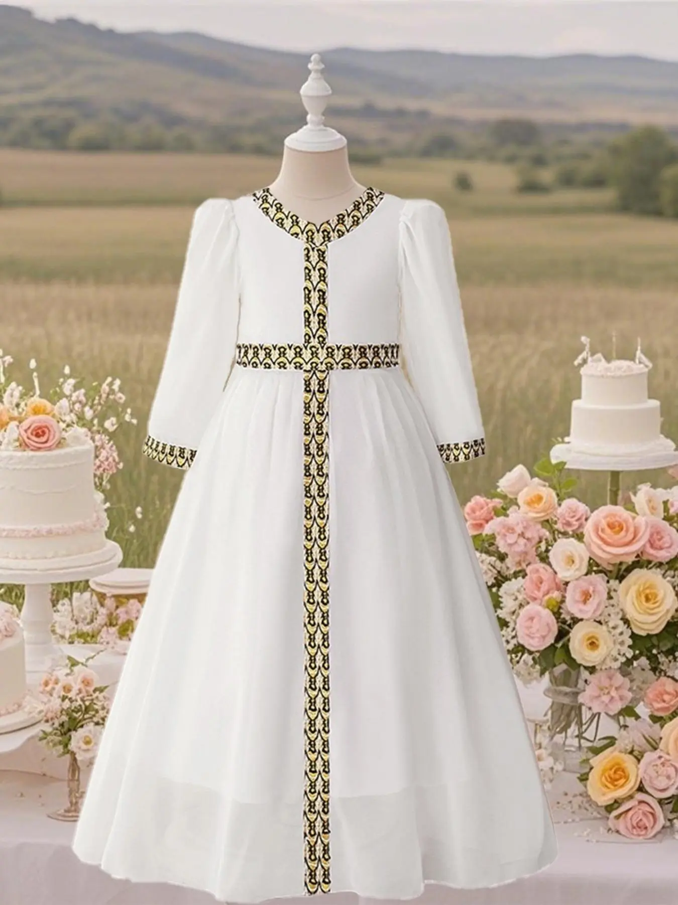 Girl's Border Print Embroidered Cloak Sleeve Floral Tulle Dress, Elegant Long Sleeve Round Neck A Line Embroidery Dress for Party Wedding Guest Birthday Dress, Kids Clothes for Spring & Fall, Spring Dresses