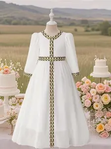 Girl's Border Print Embroidered Cloak Sleeve Dress, Elegant Long Sleeve Round Neck A Line Dress for Party Wedding Guest, Kids Clothes for Spring & Fall