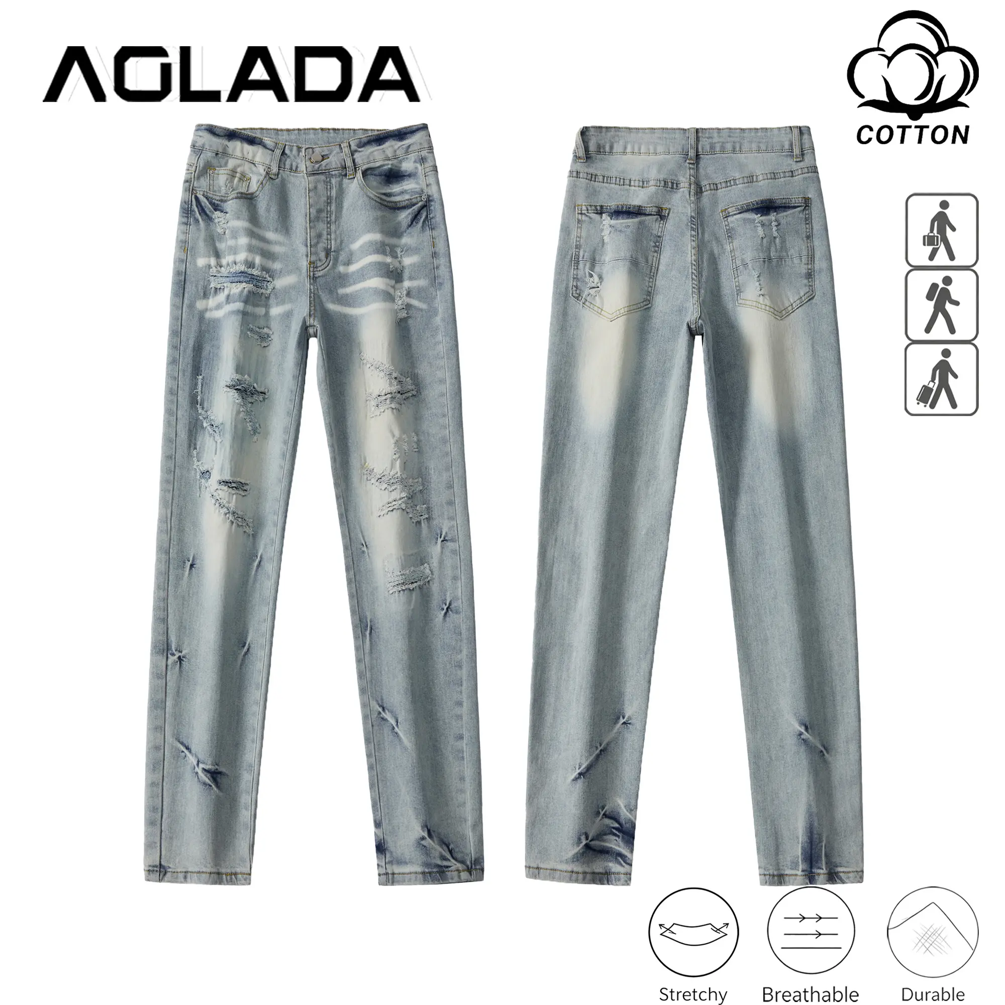 Men's Ripped Light Wash Straight Leg Jeans with Stretch - Distressed Denim Pants with Faded Whiskers & Knee Tears, Casual Streetwear Trousers, No-Logo, S-2XL, Fast US Shipping #RippedJeans #DistressedDenim #TikTokMadeMeBuyIt