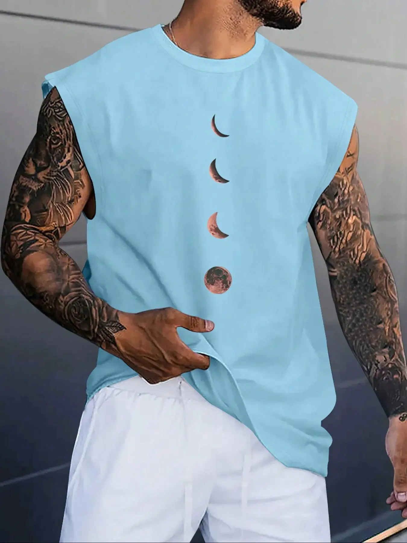Men's Moon Print Wide Shoulder Vest, Regular Fit Casual Sleeveless Graphic Tank Top for Summer, Men's Top for Daily Wear, Menswear, Casual Streetwear Top, Casual Street Style Men's Moon Print Wide Shoulder Vest, Regular Fit Casual Sleeveless Graphic Tank Top for Summer, Men's Top for Daily Wear, Menswear, Casual Streetwear Top, Casual Street Style