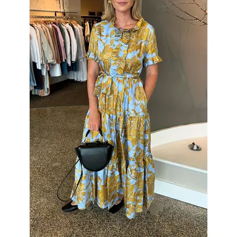 Women's Blue Floral Print Adjustable Short-Sleeve Elegant Fit Casual Maxi Dress - Ruffle V-Neck, Belt, Soft, Slimming, Flowing, Pockets, Tiered Skirt, Colorblock for Party, Vacation