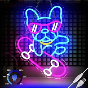 ROSNEK Playful Dog Skateboard Neon Sign, Dimmable Colorful LED Wall Light with Brightness Control, USB-Powered Acrylic Silicone Light, 15.7x11.8in Bedroom Decor, Dog Lover Gift (Blue,Pink,White,Yellow), 15.7X11.8"