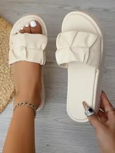 Women's Wide Foot Fashion Round Toe Crinkle Wedge Thick Sole Sandals, Summer PU Slippers, Comfortable Casual Holiday Shoes