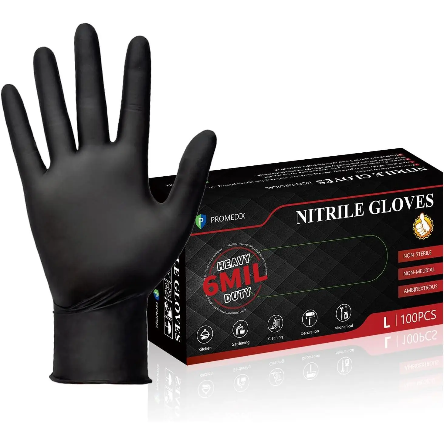 PROMEDIX P Heavy Duty Nitrile Gloves,6mil-100 Count,Black Disposable Gloves,Latex Free,Powder Free, Professional Gloves for Cleaning Kitchen Cooking and Automotive Repair Use