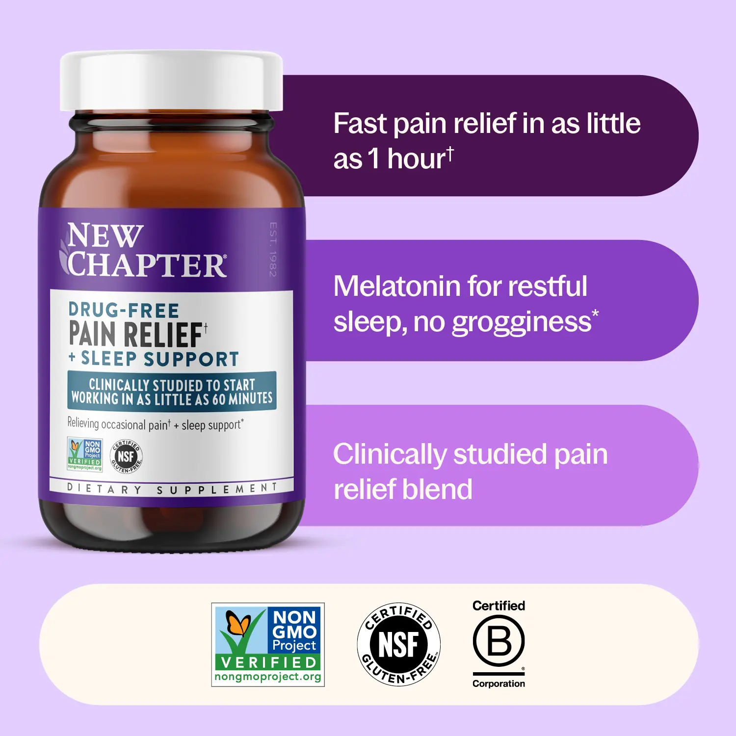 New Chapter Pain + Sleep Supplement Capsules - Drug-Free 60-Min Pain Relief, Plant-Based Natural Capsules with Melatonin Vitamins, Anti Inflammation Caffeine-Free Non-Stim Support, No Morning Fog, 60 Ct