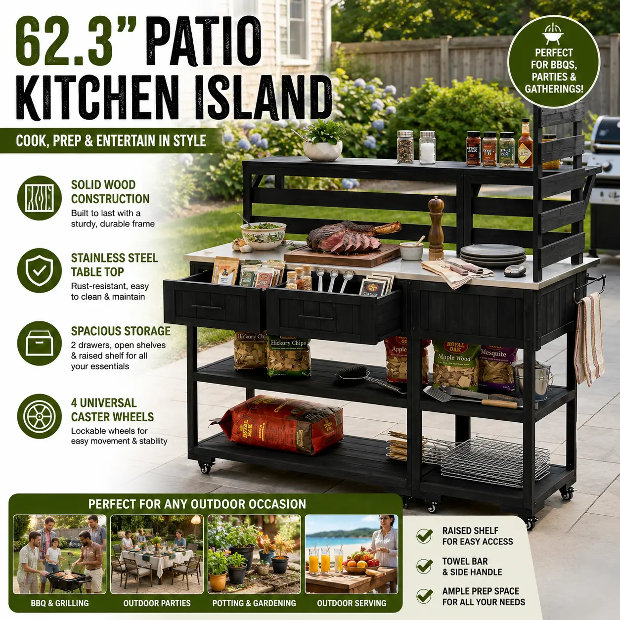 Outdoor Multi-Use BBQ Kitchen Cart - 1 Kitchen Island with Stainless Steel Top, Fir Wood Base, Lockable Wheels, Rustic Farmhouse Grill Prep Table, Smooth Organizer Shelf for Patio Backyard Entertaining, Bbq Prep, Multi-Use Cart