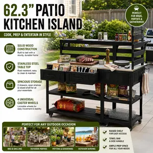 Outdoor BBQ Kitchen Cart with Stainless Steel Top, Rustic Wood Grill Prep Table & Garden Potting Bench for Patio Backyard Entertaining