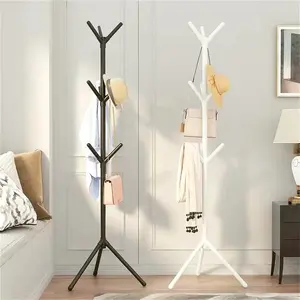 Clothes and Hats Rack Floor To Floor Bedroom Coat Hook Vertical Tree Branch Shape Holder Hat Scarf Handbag Storage Hange Stable Sturdy Plastic Material Black White