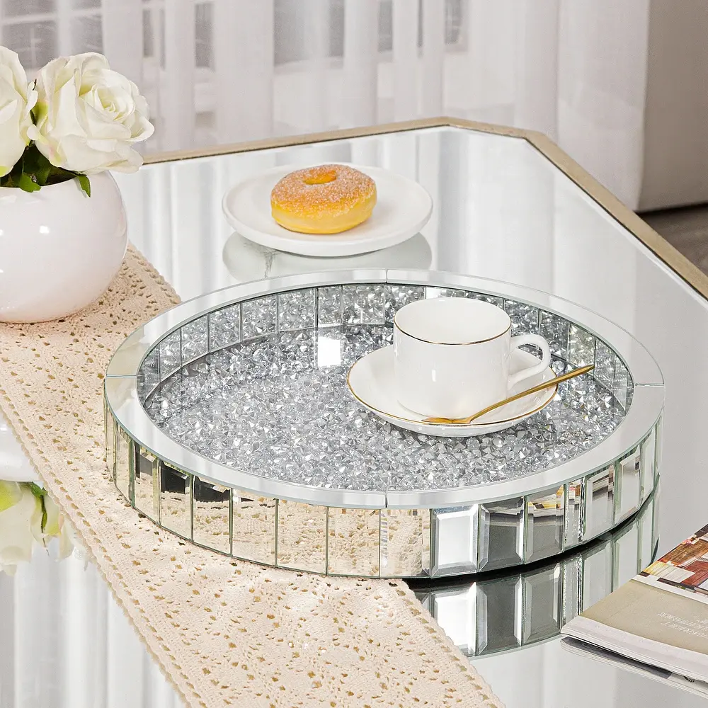 SHYFOY Mirrored Crushed Diamond Serving Tray - Round Home Furnishings Accessory for Tea, Crystal Glass Dishware & Home Decoration