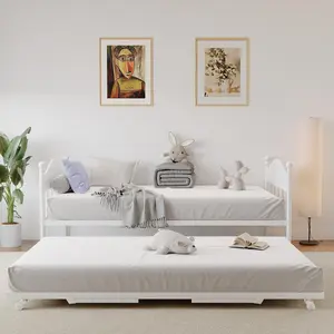 YJ-Garvee White Twin Size Daybed with Height Adjustable Trundle and Sturdy Metal Frame, Minimalist Bed FrameFeaturing Stylish Headboard and Heavy Duty Steel Slats Platform for Living Room, Bedroom, and Guest Room