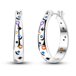 MULA Cosmic Star Moon Hoop Earrings - 925 Silver-plated, Enamel Coated Colored Zirconia, Unique Women's Celestial Jewelry is an ideal gift for girls and women