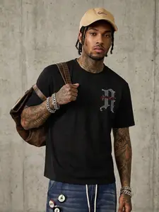 Men's Black Rhinestone Gothic Letter Print T-Shirt | Crew Neck & Short Sleeve, Oversized Fit, Soft Fabric, Perfect for Streetwear, Hip Hop Style & Casual Outfits | Trendy Statement Tee