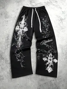 New Unisex Retro Streetwear Straight Leg Pants, Cross Print, Outdoor, Vacation, Camping, Party, Picnic, Casual, Fashionable, All Seasons